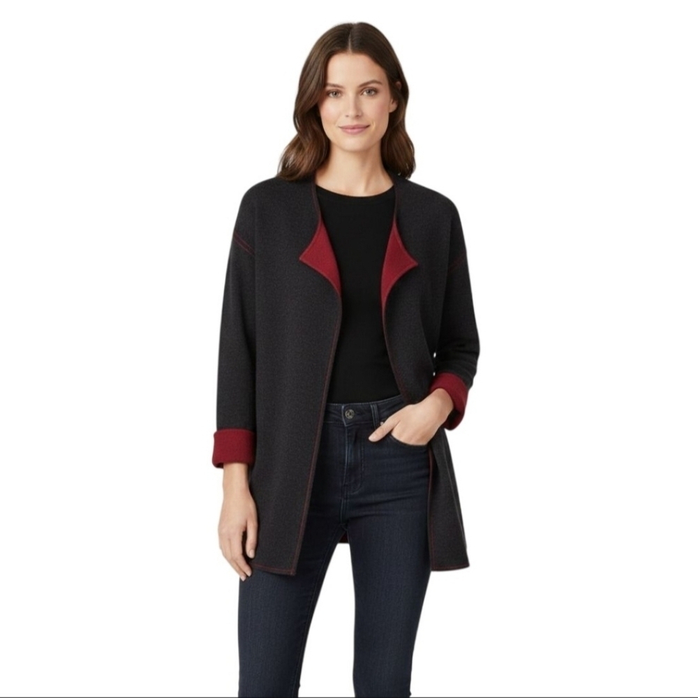 Modern Soul Vintage Charcoal Gray Red Wool Open Front Colorblock Cardigan Size L